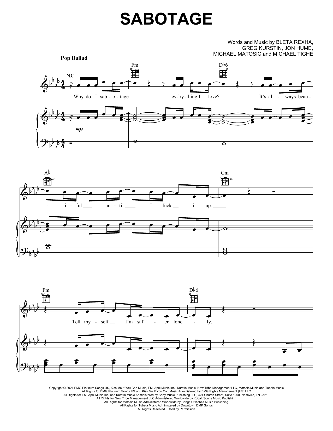 Bebe Rexha Sabotage sheet music notes and chords arranged for Piano, Vocal & Guitar Chords (Right-Hand Melody)
