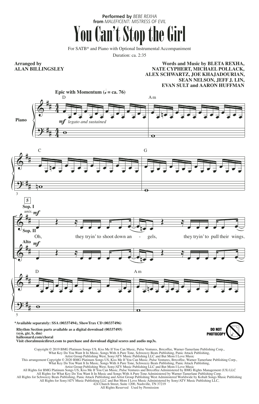Bebe Rexha You Can't Stop The Girl (from Disney's Maleficent: Mistress of Evil) (arr. Alan Billingsley) sheet music notes and chords arranged for SSA Choir