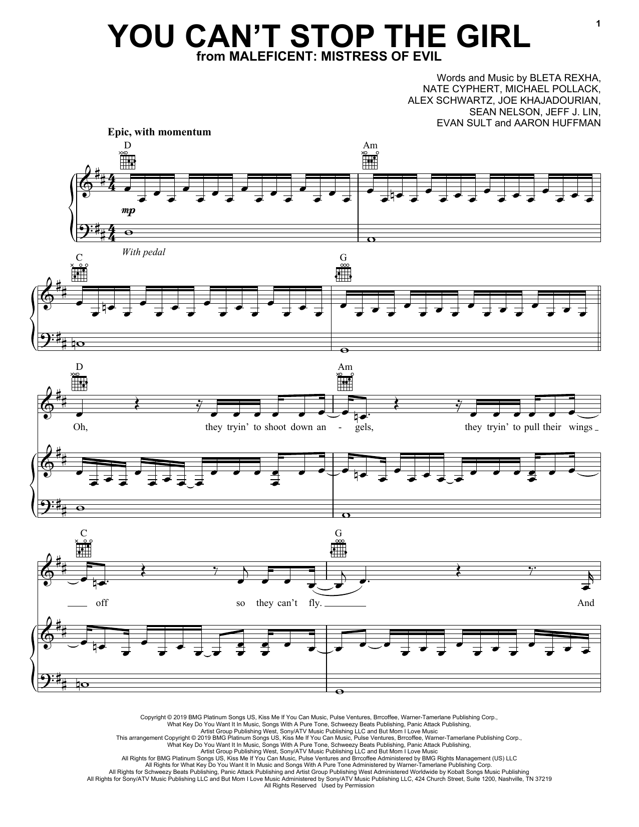 Bebe Rexha You Can't Stop The Girl (from Disney's Maleficent: Mistress of Evil) sheet music notes and chords arranged for Piano, Vocal & Guitar Chords (Right-Hand Melody)