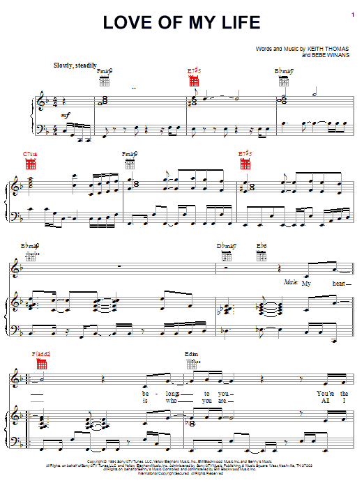 BeBe Winans Love Of My Life sheet music notes and chords arranged for Piano, Vocal & Guitar Chords (Right-Hand Melody)