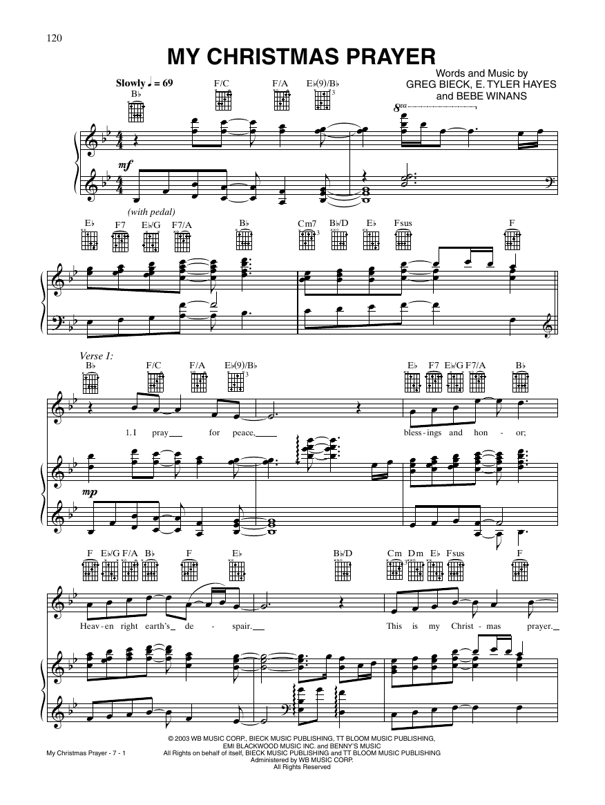 BeBe Winans My Christmas Prayer sheet music notes and chords arranged for Piano, Vocal & Guitar Chords (Right-Hand Melody)