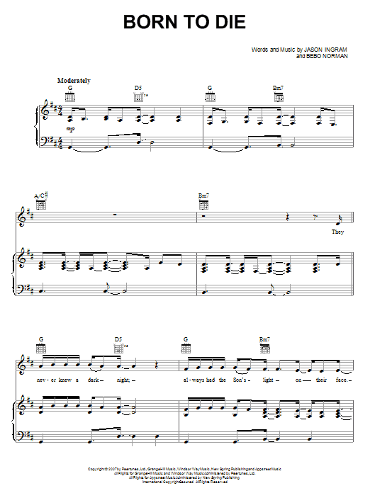 Bebo Norman Born To Die sheet music notes and chords arranged for Piano, Vocal & Guitar Chords (Right-Hand Melody)