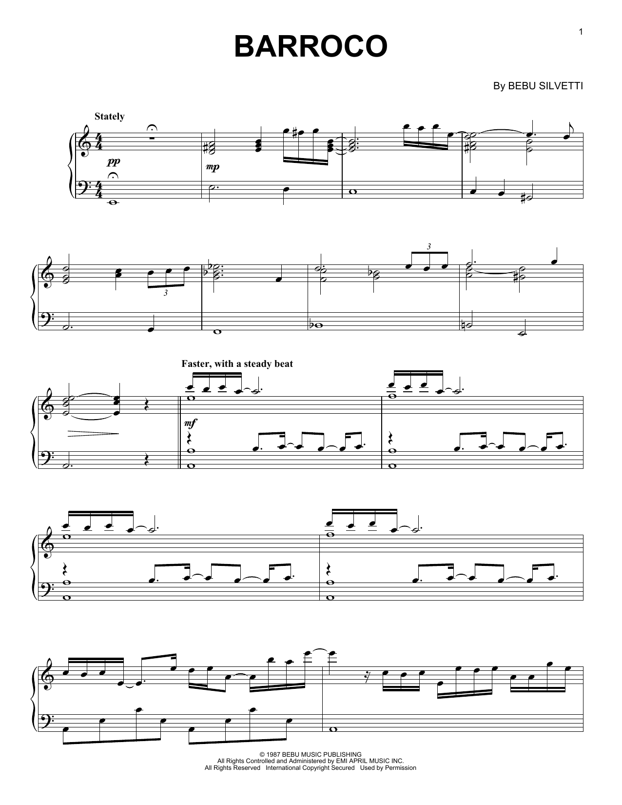 Bebu Silvetti Barroco sheet music notes and chords arranged for Piano Solo