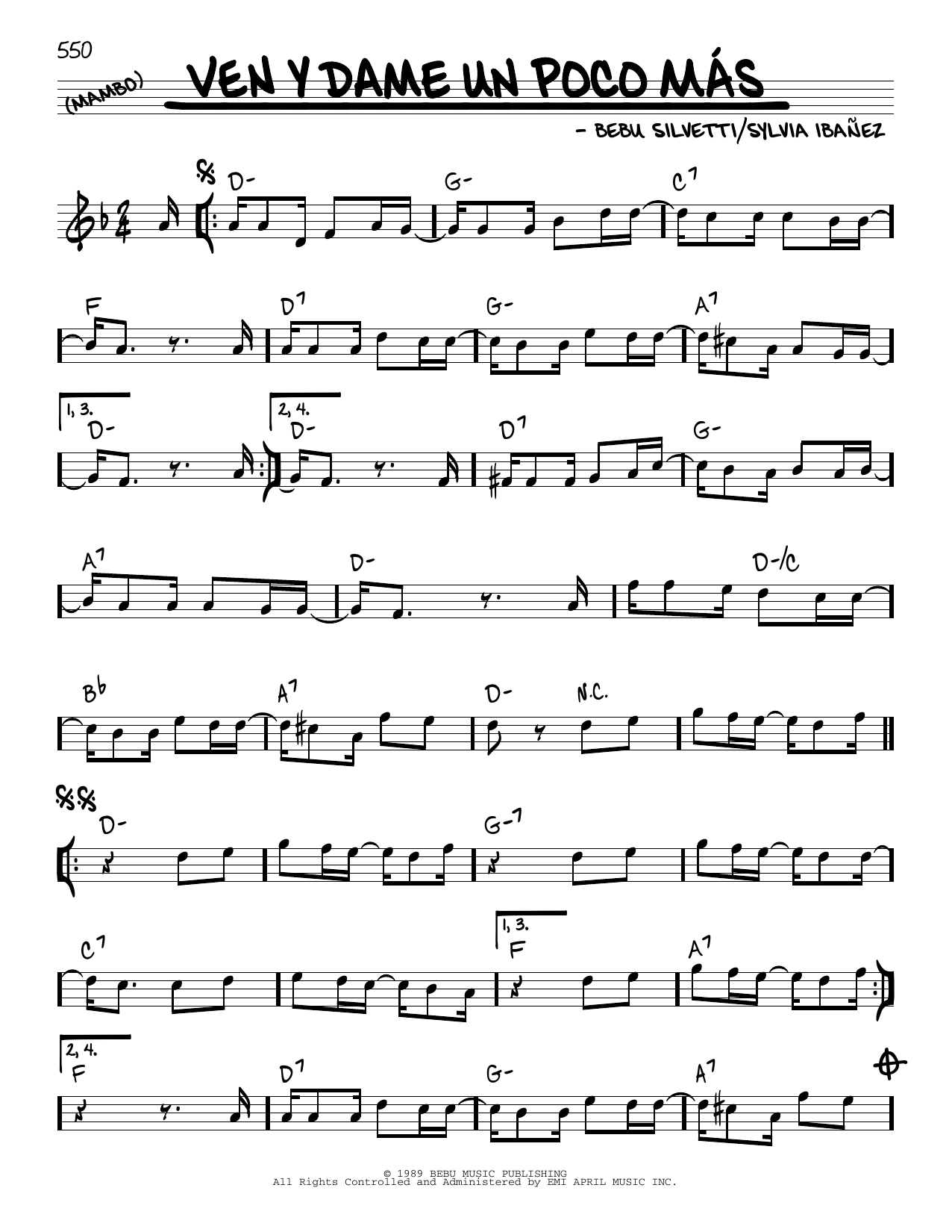 Bebu Silvetti Ven Y Dame Un Poco Mas sheet music notes and chords arranged for Real Book – Melody & Chords