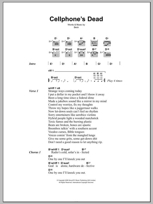 Beck Cellphone's Dead sheet music notes and chords arranged for Guitar Chords/Lyrics