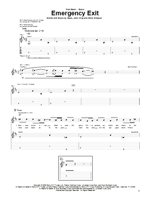 Beck Emergency Exit sheet music notes and chords arranged for Guitar Tab