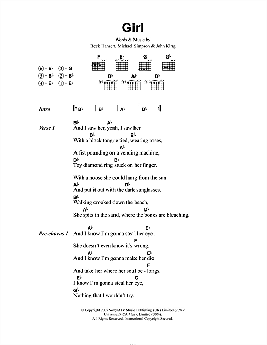 Beck Girl sheet music notes and chords arranged for Guitar Chords/Lyrics