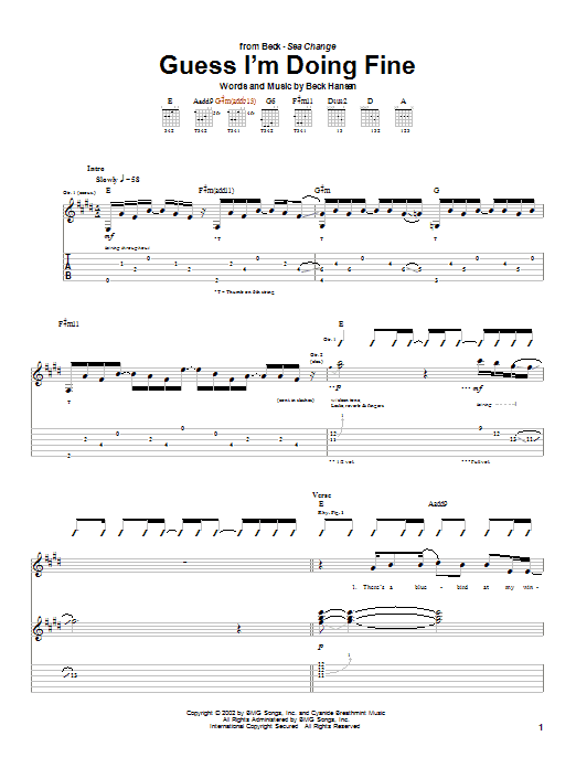 Beck Guess I'm Doing Fine sheet music notes and chords arranged for Guitar Tab