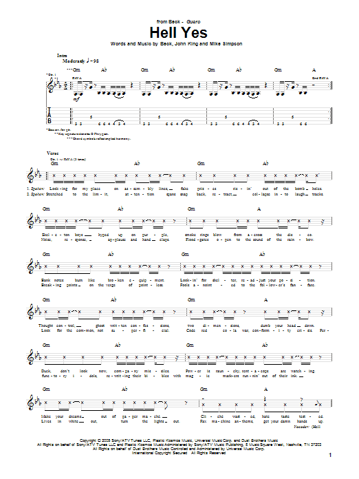 Beck Hell Yes sheet music notes and chords arranged for Guitar Tab