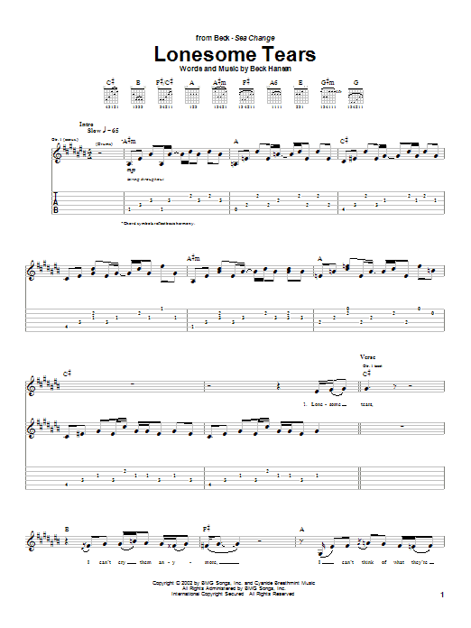 Beck Lonesome Tears sheet music notes and chords arranged for Guitar Tab