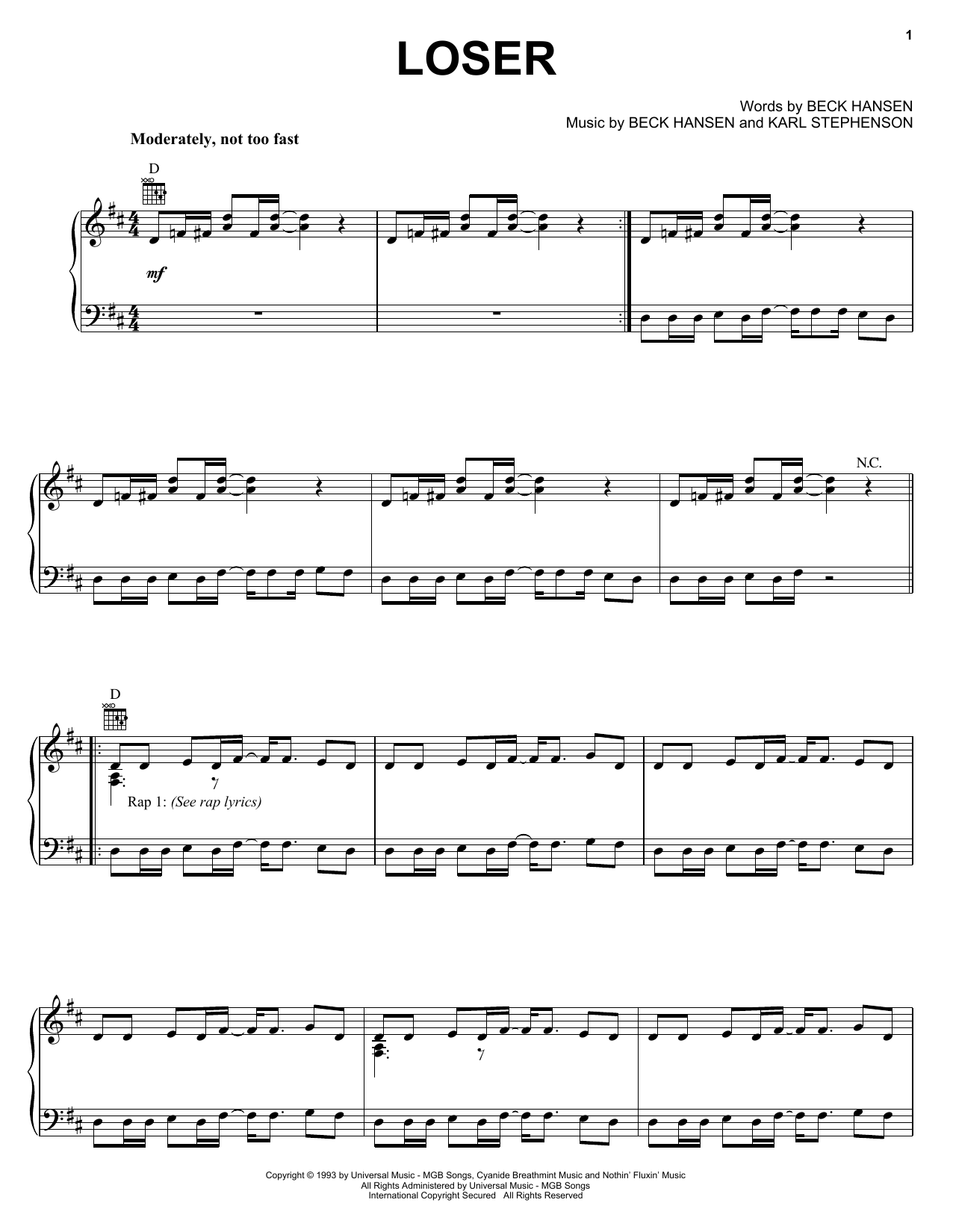 Beck Loser sheet music notes and chords arranged for Piano, Vocal & Guitar Chords (Right-Hand Melody)
