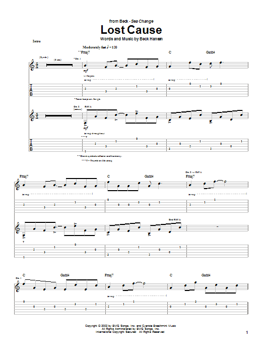 Beck Lost Cause sheet music notes and chords arranged for Guitar Tab