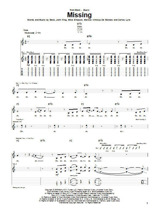 Beck Missing sheet music notes and chords arranged for Guitar Tab