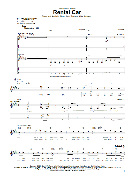 Beck Rental Car sheet music notes and chords arranged for Guitar Tab