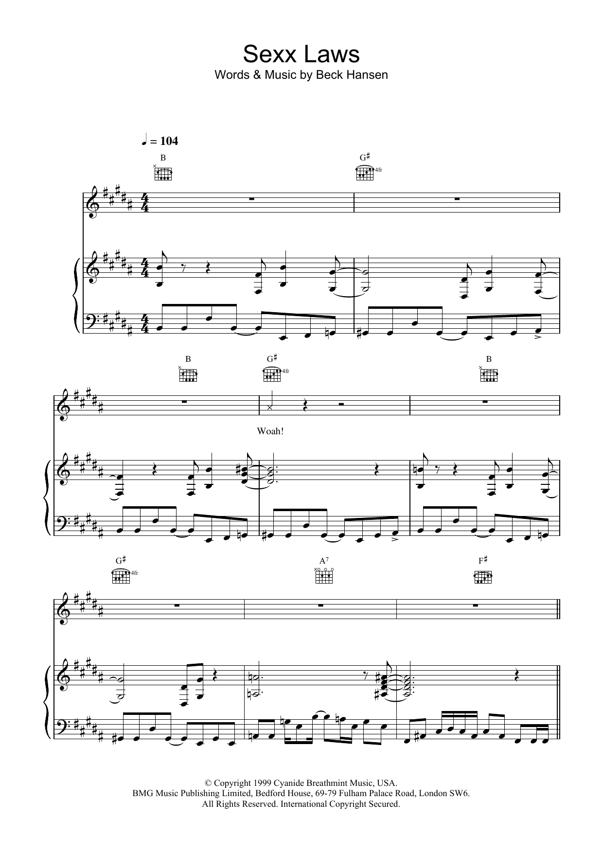 Beck Sexx laws sheet music notes and chords arranged for Piano, Vocal & Guitar Chords