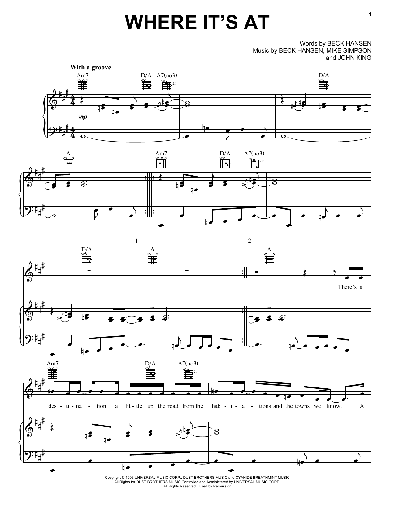 Beck Where It's At sheet music notes and chords arranged for Piano, Vocal & Guitar Chords (Right-Hand Melody)
