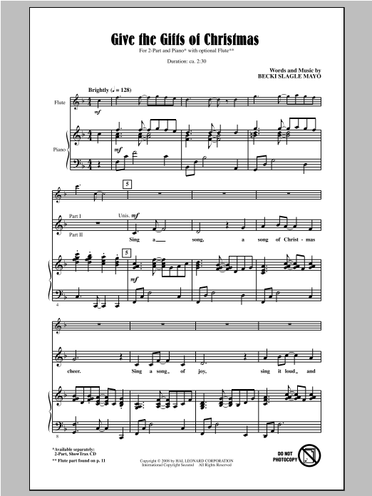 Becki Slagle Mayo Give The Gifts Of Christmas sheet music notes and chords arranged for 2-Part Choir