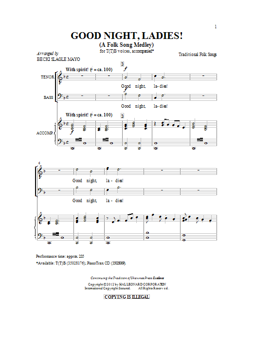 Becki Slagle Mayo Good Night, Ladies! (A Folk Song Medley) sheet music notes and chords arranged for TTBB Choir