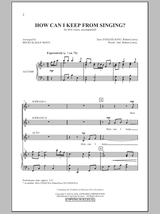 Becki Slagle Mayo How Can I Keep From Singing? sheet music notes and chords arranged for SSA Choir