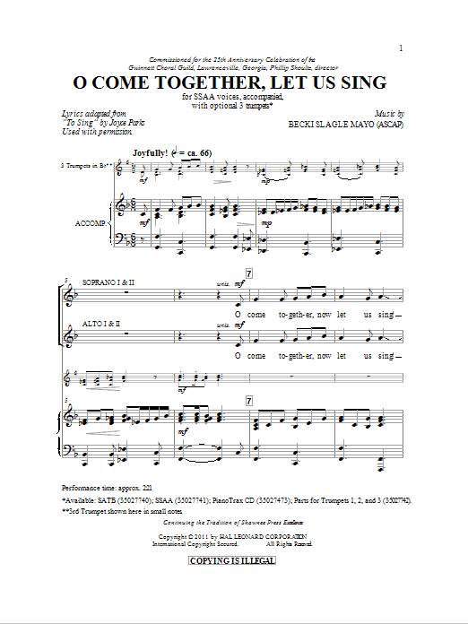 Becki Slagle Mayo O Come Together, Let Us Sing sheet music notes and chords arranged for SATB Choir