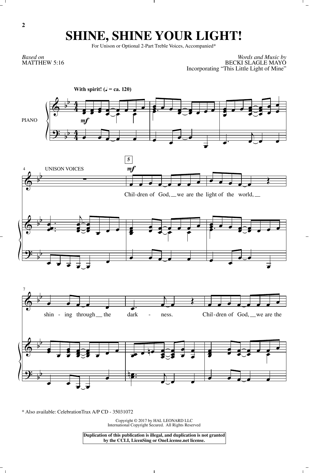 Becki Slagle Mayo Shine, Shine Your Light! sheet music notes and chords arranged for 2-Part Choir