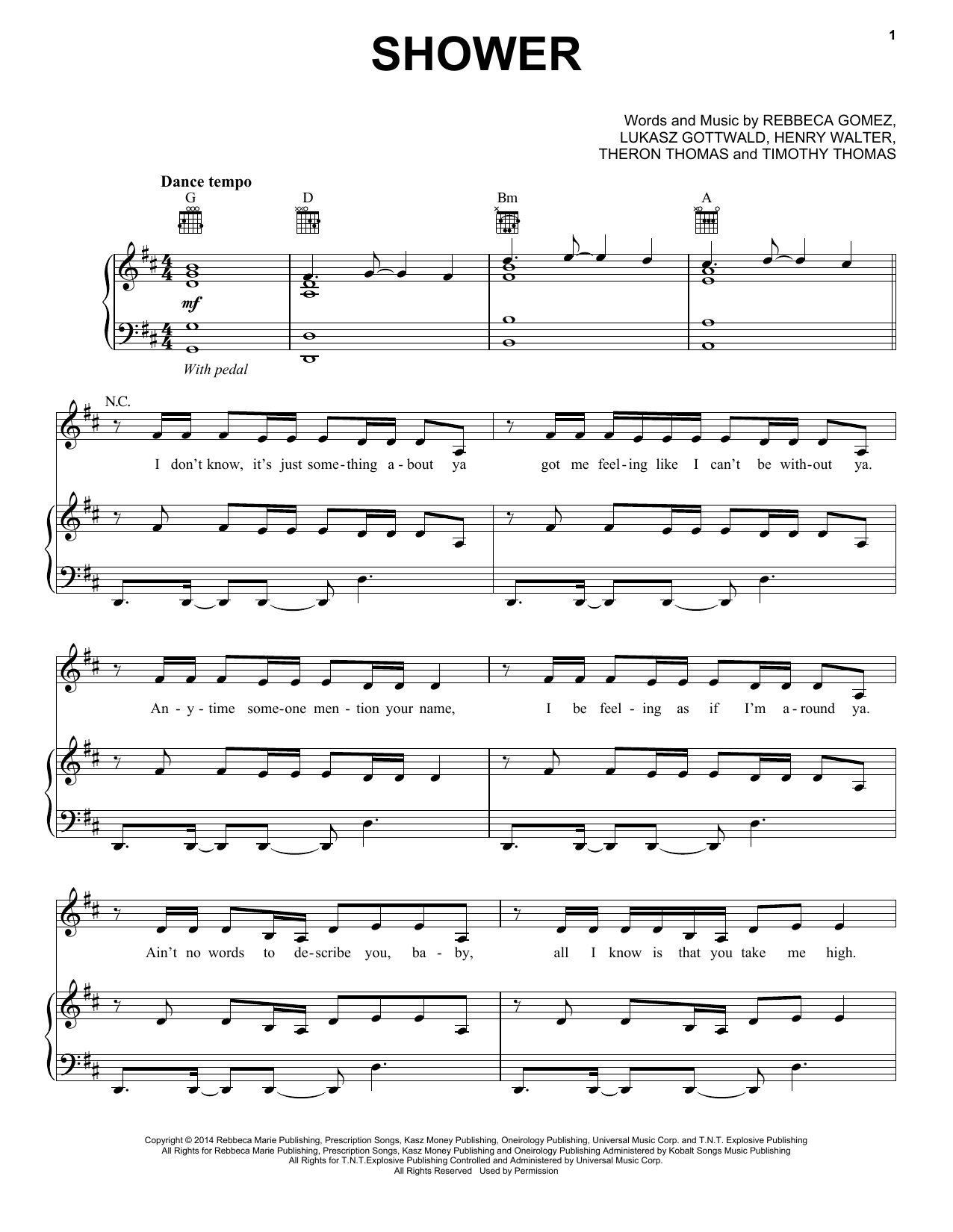 Becky G Shower sheet music notes and chords arranged for Piano, Vocal & Guitar Chords (Right-Hand Melody)