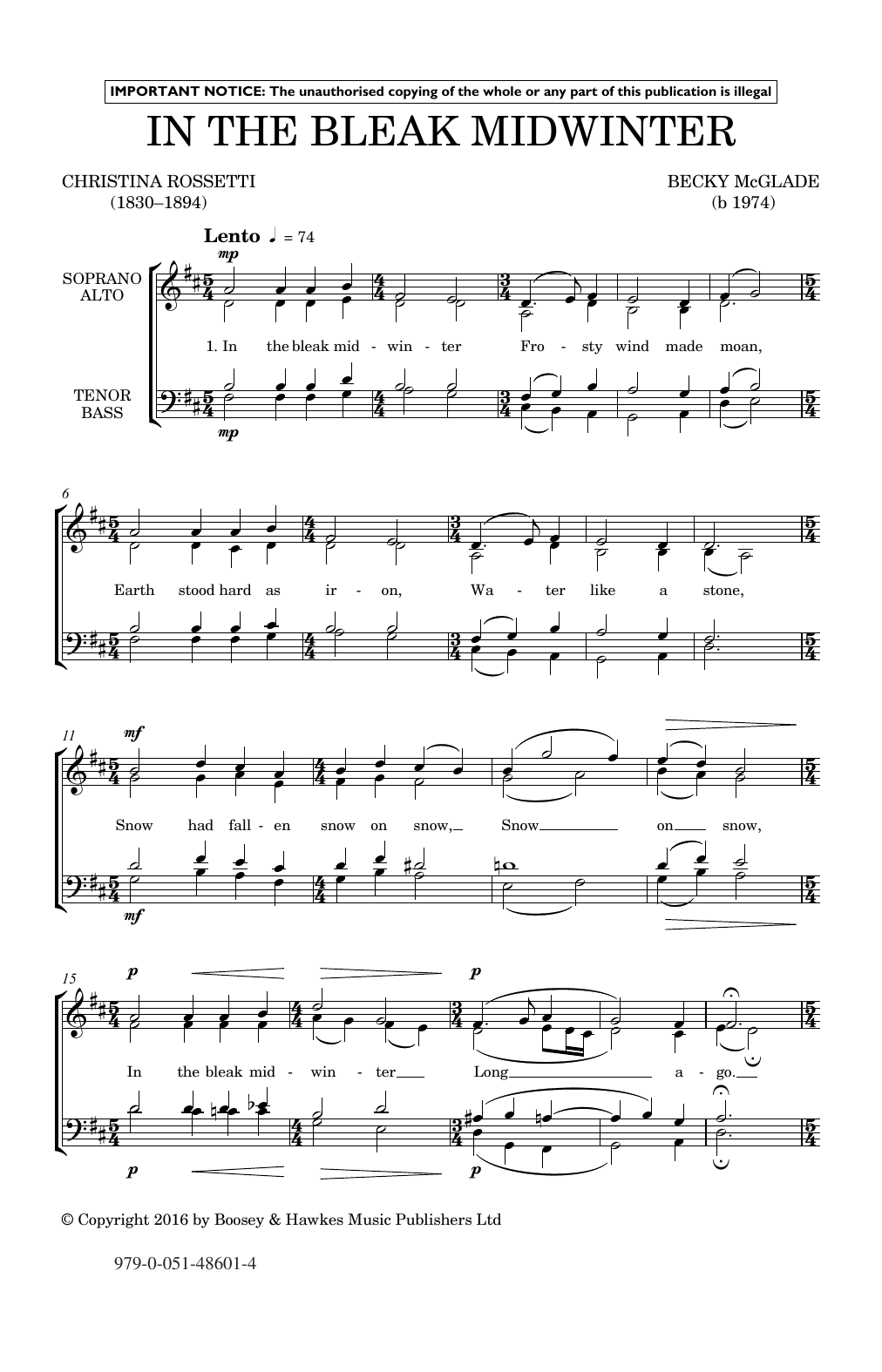 Becky McGlade In The Bleak Midwinter sheet music notes and chords arranged for SATB Choir