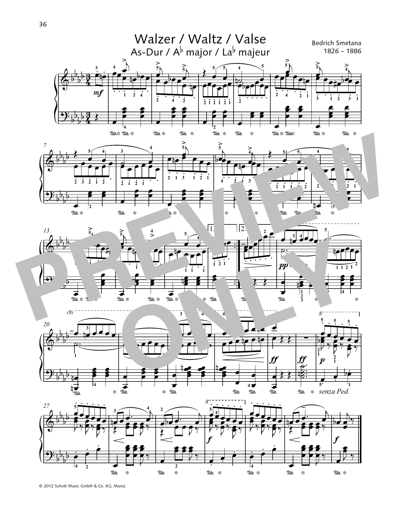 Bedrich Smetana Waltz A-flat major sheet music notes and chords arranged for Piano Solo