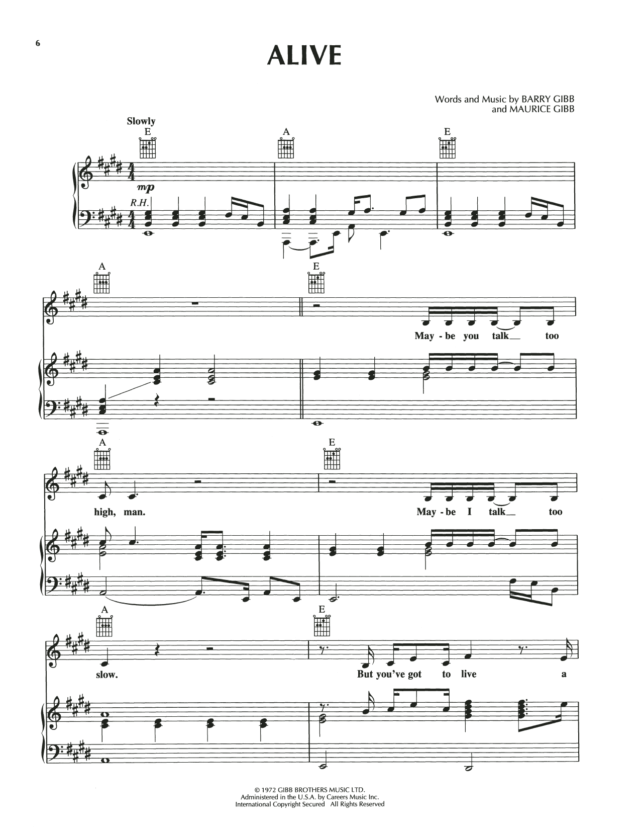 Bee Gees Alive sheet music notes and chords arranged for Piano, Vocal & Guitar Chords (Right-Hand Melody)