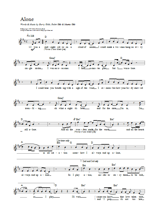 Bee Gees Alone sheet music notes and chords arranged for Piano, Vocal & Guitar Chords (Right-Hand Melody)