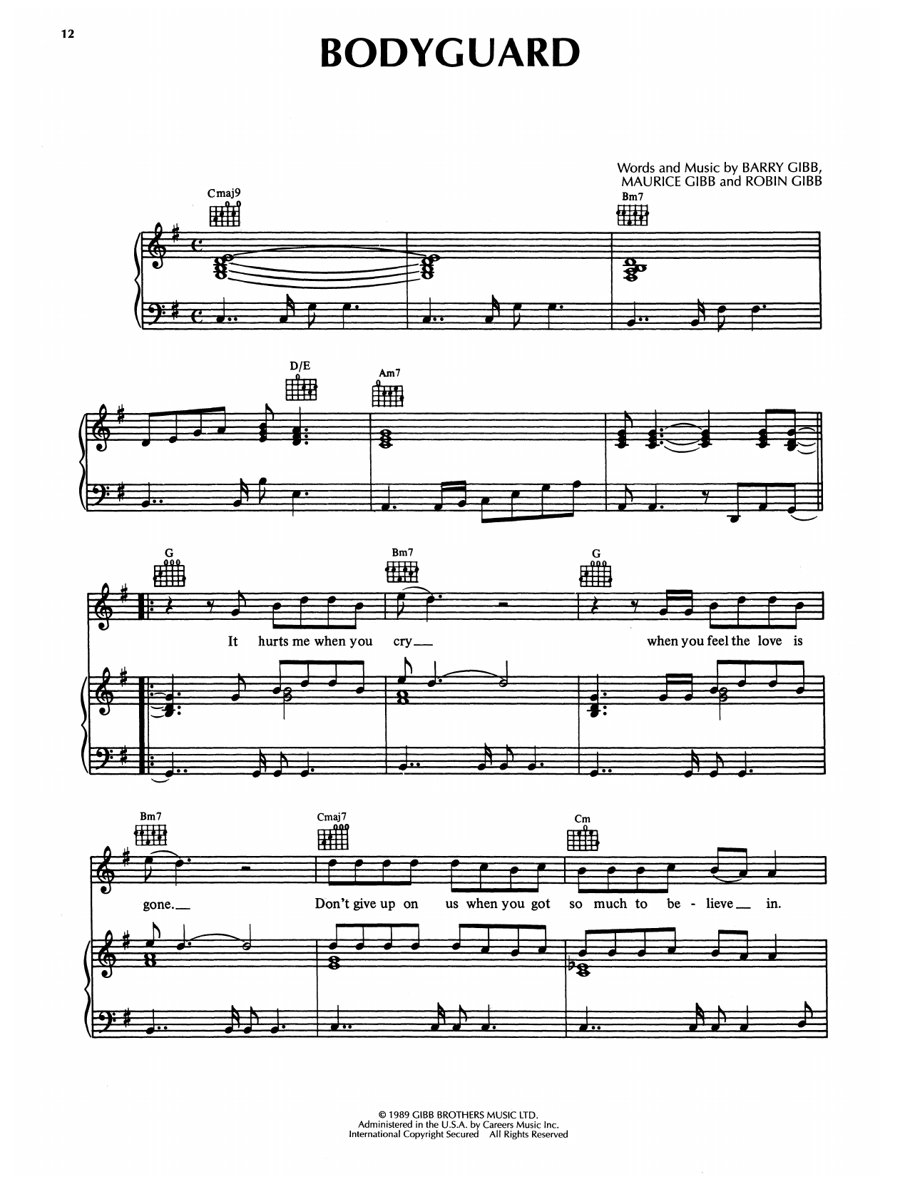 Bee Gees Bodyguard sheet music notes and chords arranged for Piano, Vocal & Guitar Chords (Right-Hand Melody)