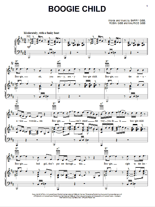 Bee Gees Boogie Child sheet music notes and chords arranged for Piano, Vocal & Guitar Chords (Right-Hand Melody)
