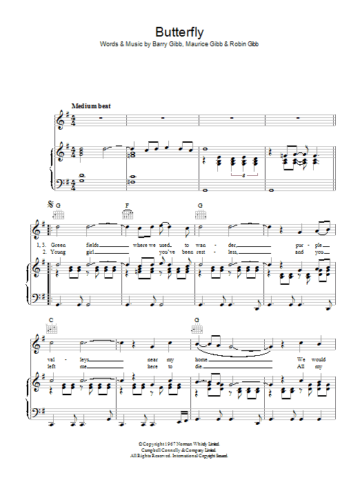 Bee Gees Butterfly sheet music notes and chords arranged for Piano, Vocal & Guitar Chords