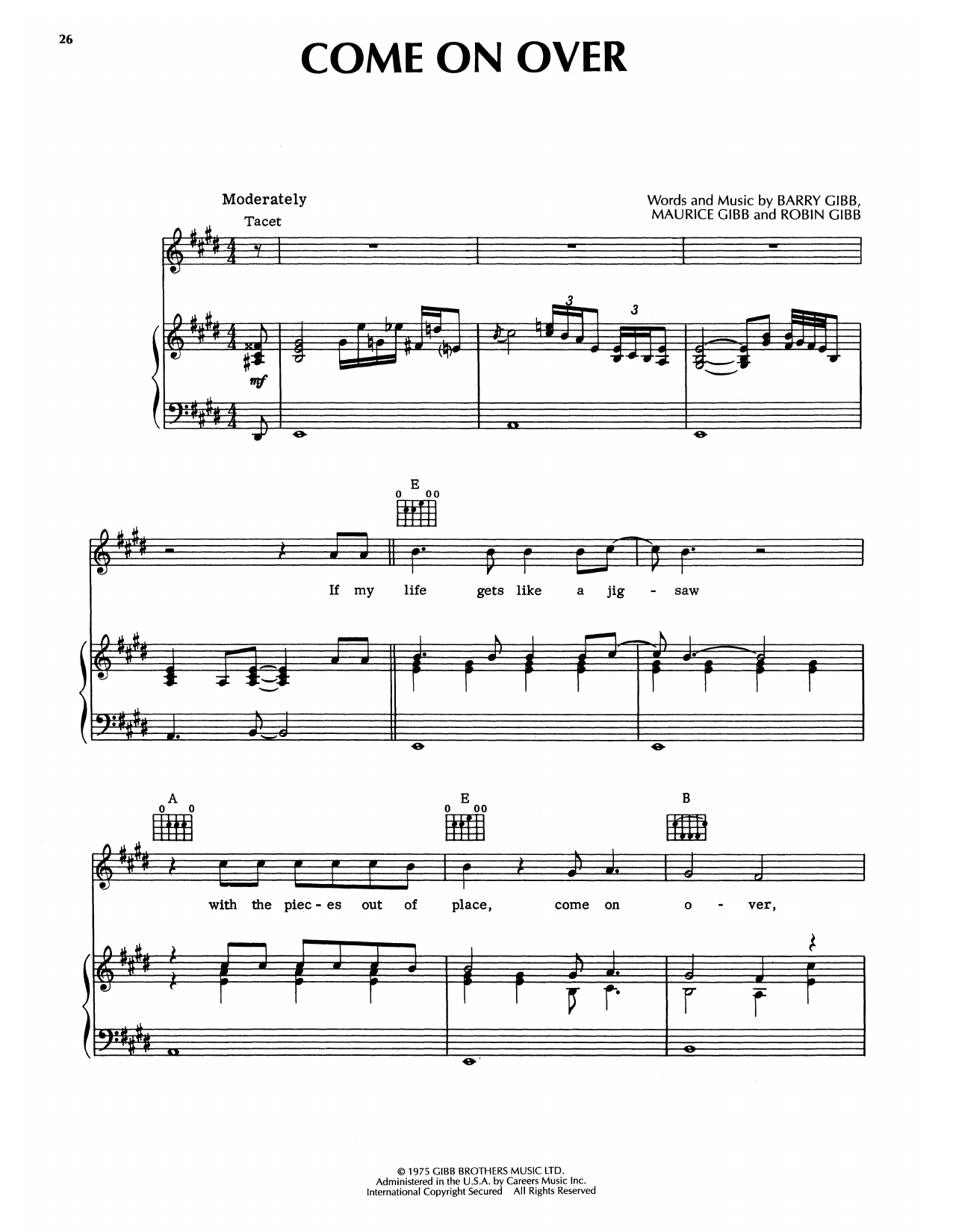 Bee Gees Come On Over sheet music notes and chords arranged for Piano, Vocal & Guitar Chords (Right-Hand Melody)