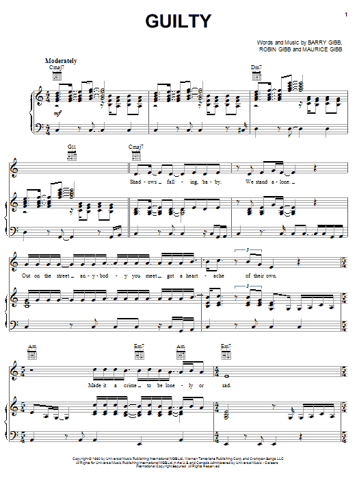 Bee Gees Guilty sheet music notes and chords arranged for Piano, Vocal & Guitar Chords (Right-Hand Melody)