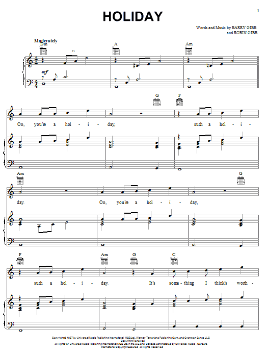 Bee Gees Holiday sheet music notes and chords arranged for Piano, Vocal & Guitar Chords (Right-Hand Melody)