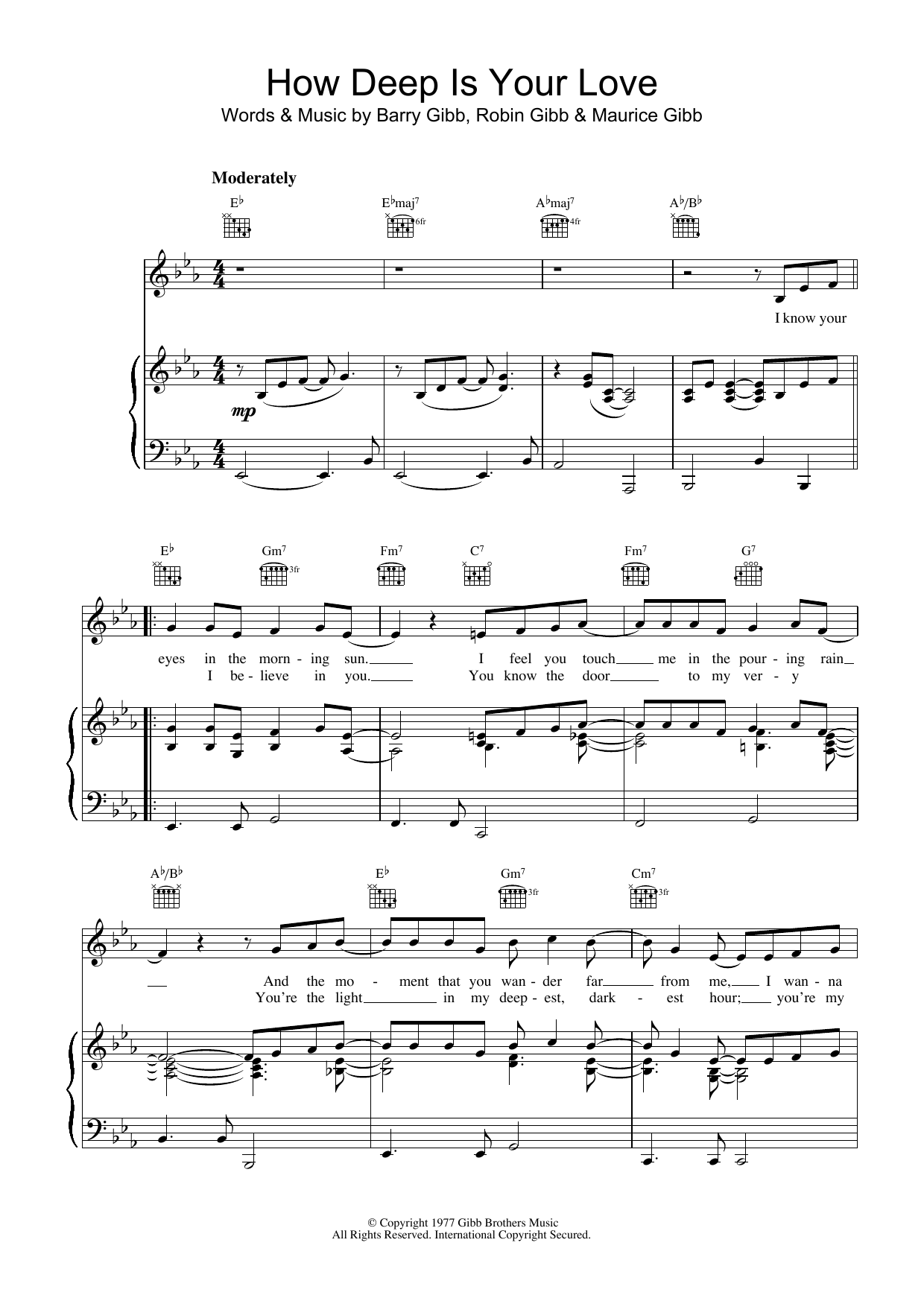 Bee Gees How Deep Is Your Love sheet music notes and chords arranged for Easy Piano