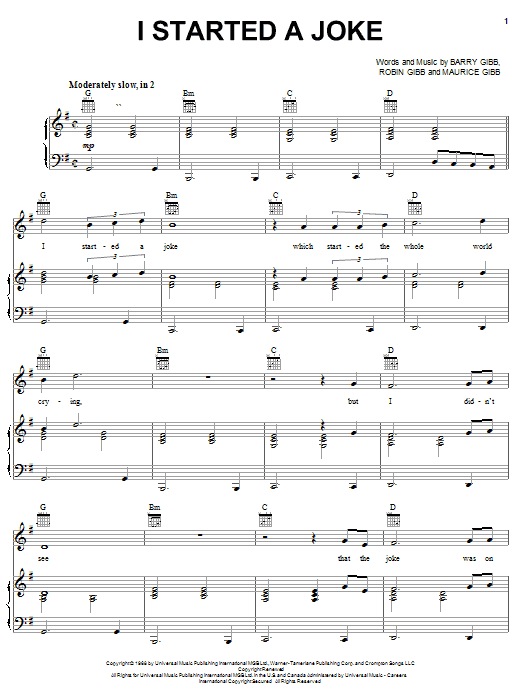 Bee Gees I Started A Joke sheet music notes and chords arranged for Piano, Vocal & Guitar Chords (Right-Hand Melody)