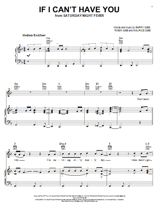 Bee Gees If I Can't Have You sheet music notes and chords arranged for Piano, Vocal & Guitar Chords (Right-Hand Melody)