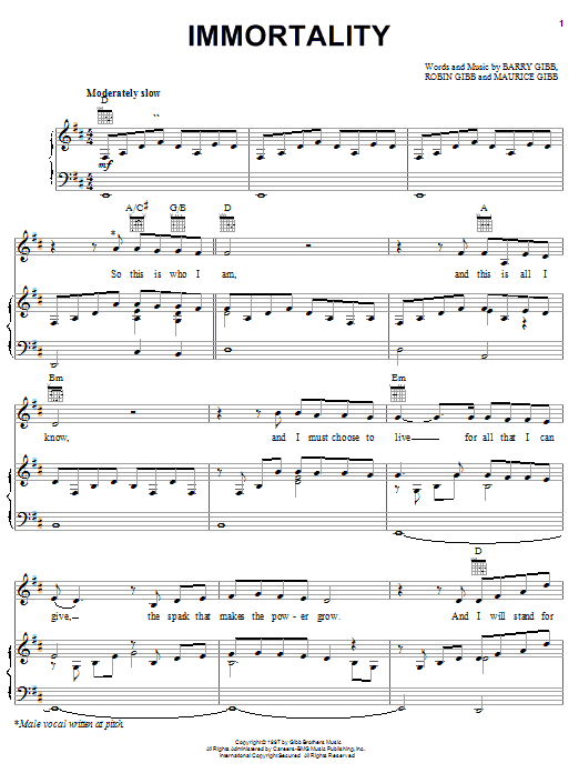 Bee Gees Immortality (feat. Celine Dion) sheet music notes and chords arranged for Piano, Vocal & Guitar Chords (Right-Hand Melody)