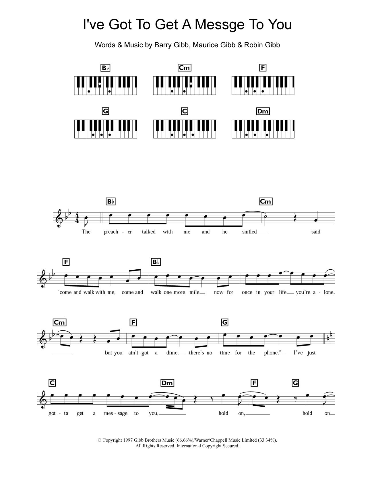 Bee Gees I've Got To Get A Message To You sheet music notes and chords arranged for Piano Chords/Lyrics