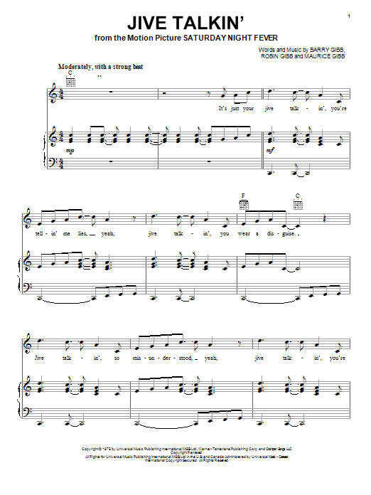Bee Gees Jive Talkin' sheet music notes and chords arranged for Piano, Vocal & Guitar Chords (Right-Hand Melody)