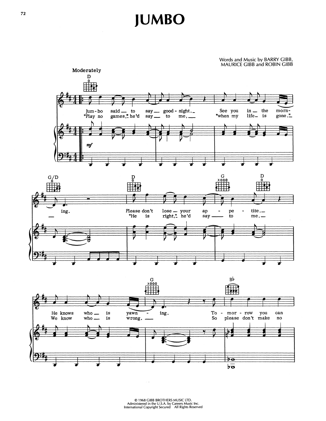 Bee Gees Jumbo sheet music notes and chords arranged for Piano, Vocal & Guitar Chords (Right-Hand Melody)