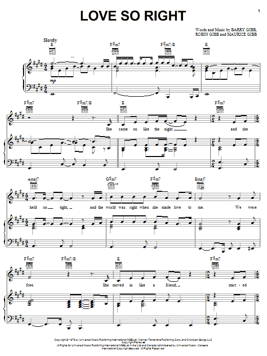 Bee Gees Love So Right sheet music notes and chords arranged for Piano, Vocal & Guitar Chords (Right-Hand Melody)