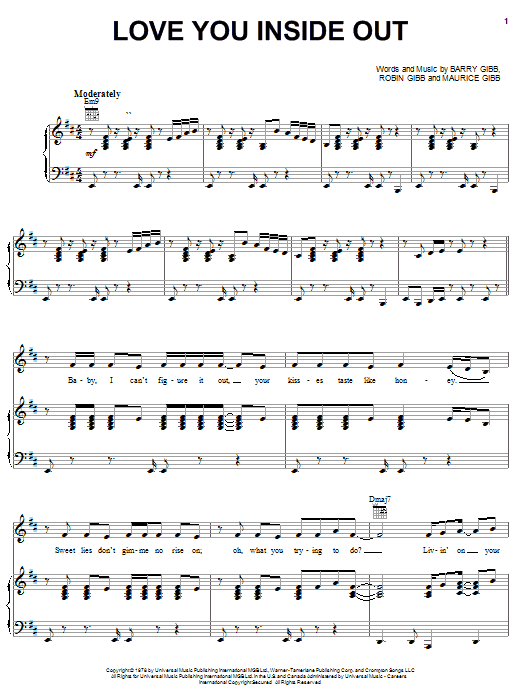 Bee Gees Love You Inside Out sheet music notes and chords arranged for Piano, Vocal & Guitar Chords (Right-Hand Melody)
