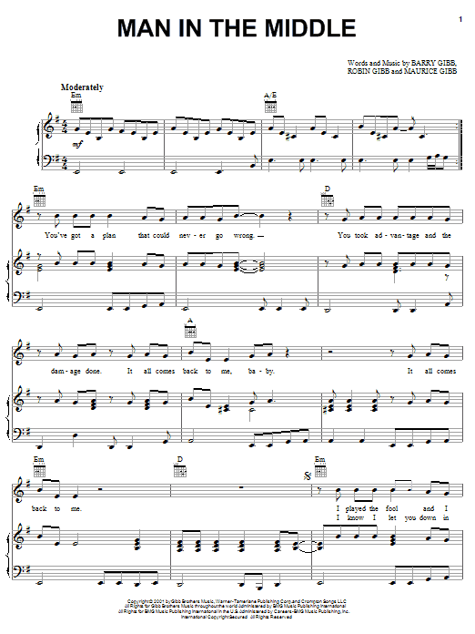 Bee Gees Man In The Middle sheet music notes and chords arranged for Piano, Vocal & Guitar Chords (Right-Hand Melody)