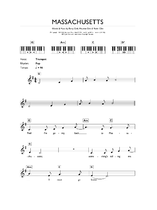 Bee Gees Massachusetts sheet music notes and chords arranged for Piano Chords/Lyrics