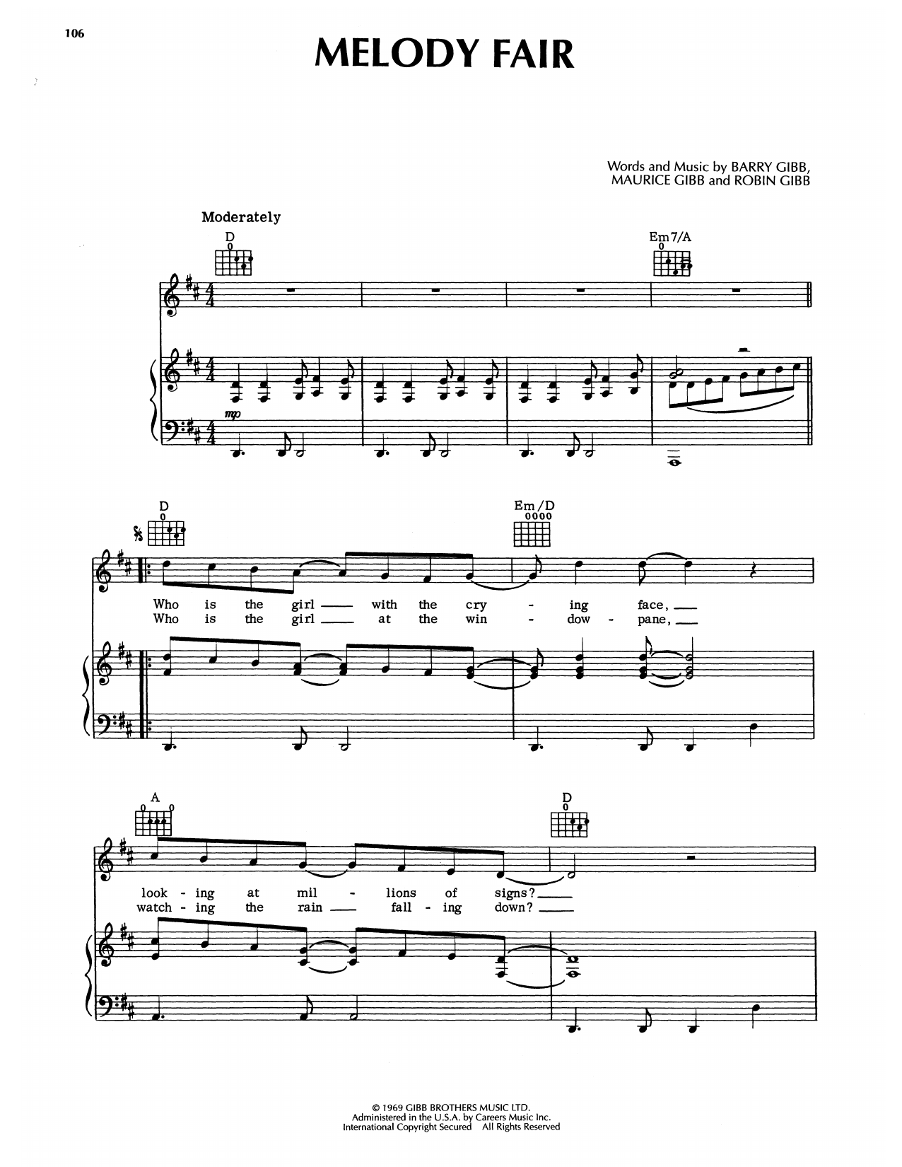 Bee Gees Melody Fair sheet music notes and chords arranged for Piano, Vocal & Guitar Chords (Right-Hand Melody)