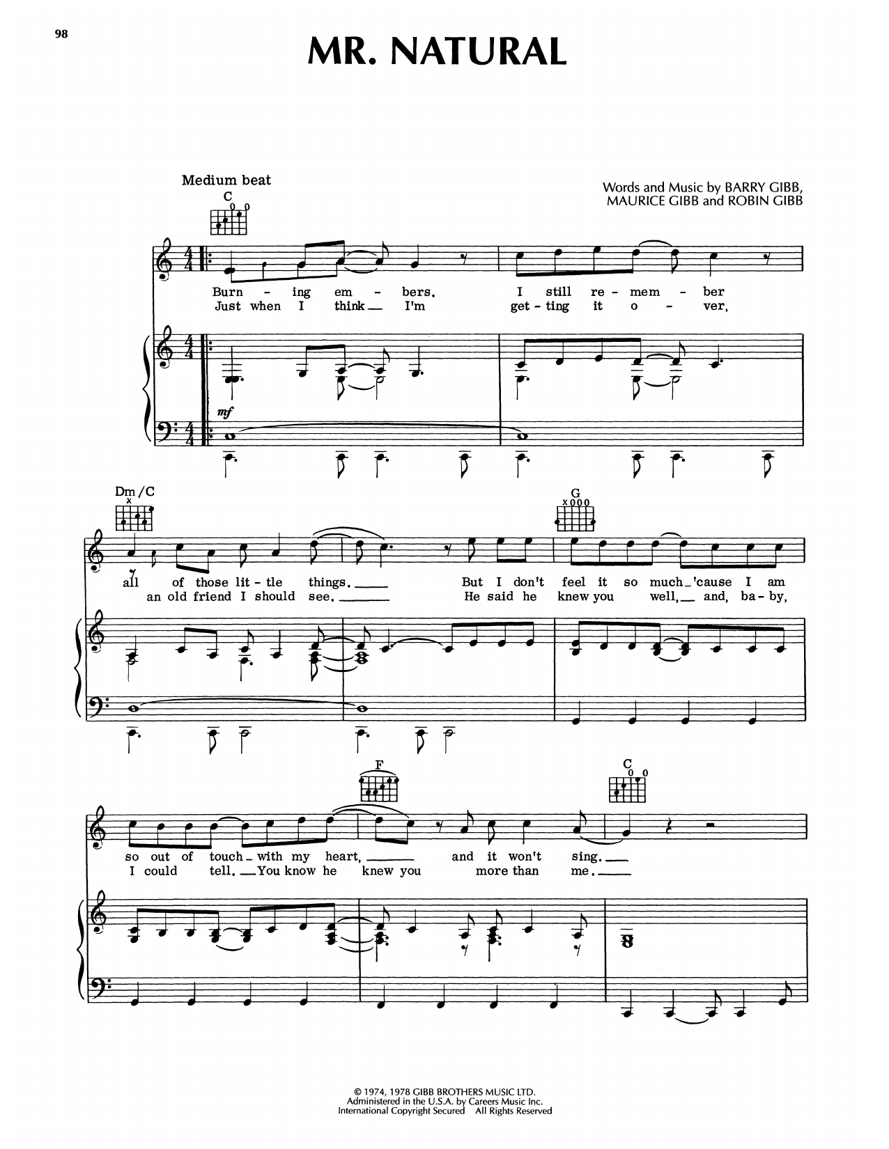 Bee Gees Mr. Natural sheet music notes and chords arranged for Piano, Vocal & Guitar Chords (Right-Hand Melody)