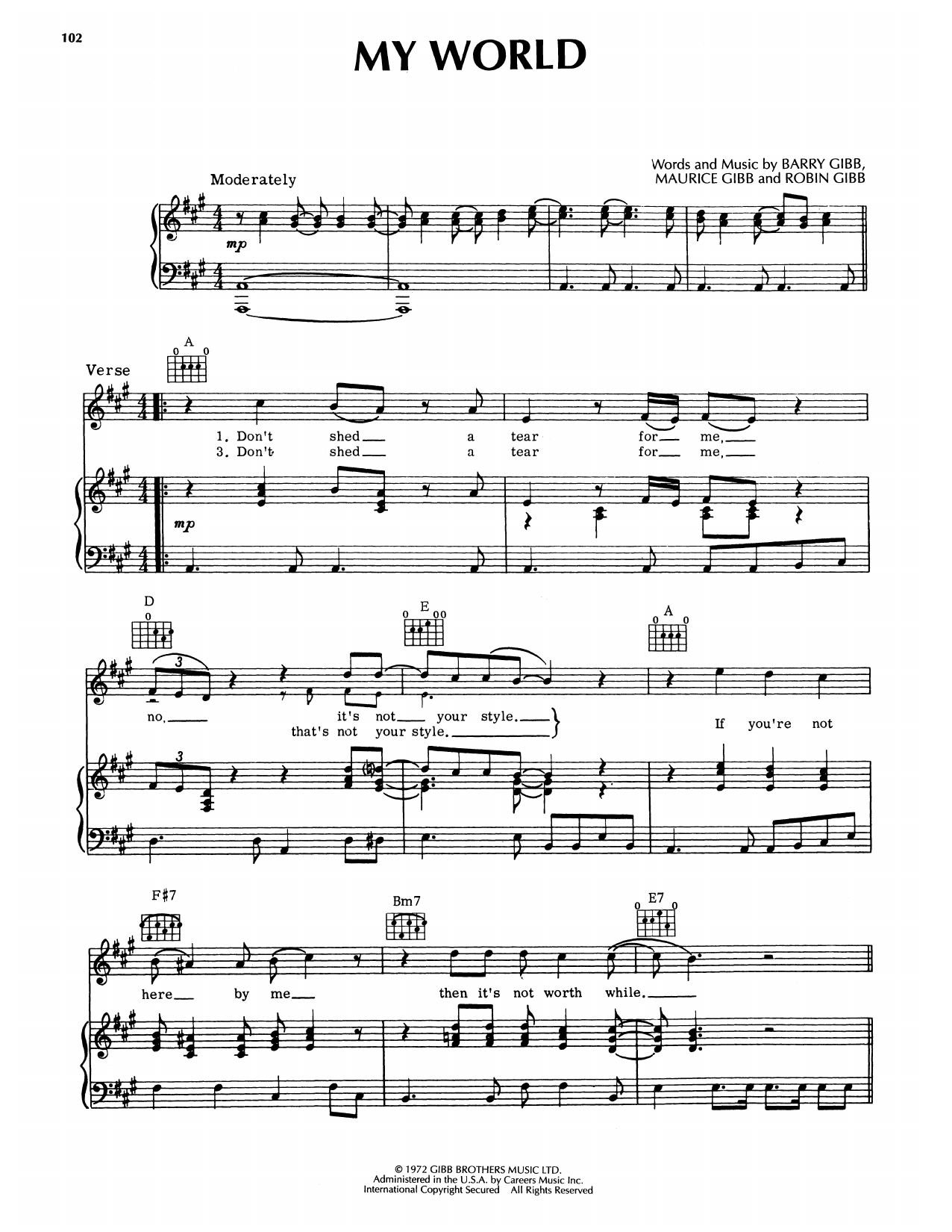 Bee Gees My World sheet music notes and chords arranged for Piano, Vocal & Guitar Chords (Right-Hand Melody)
